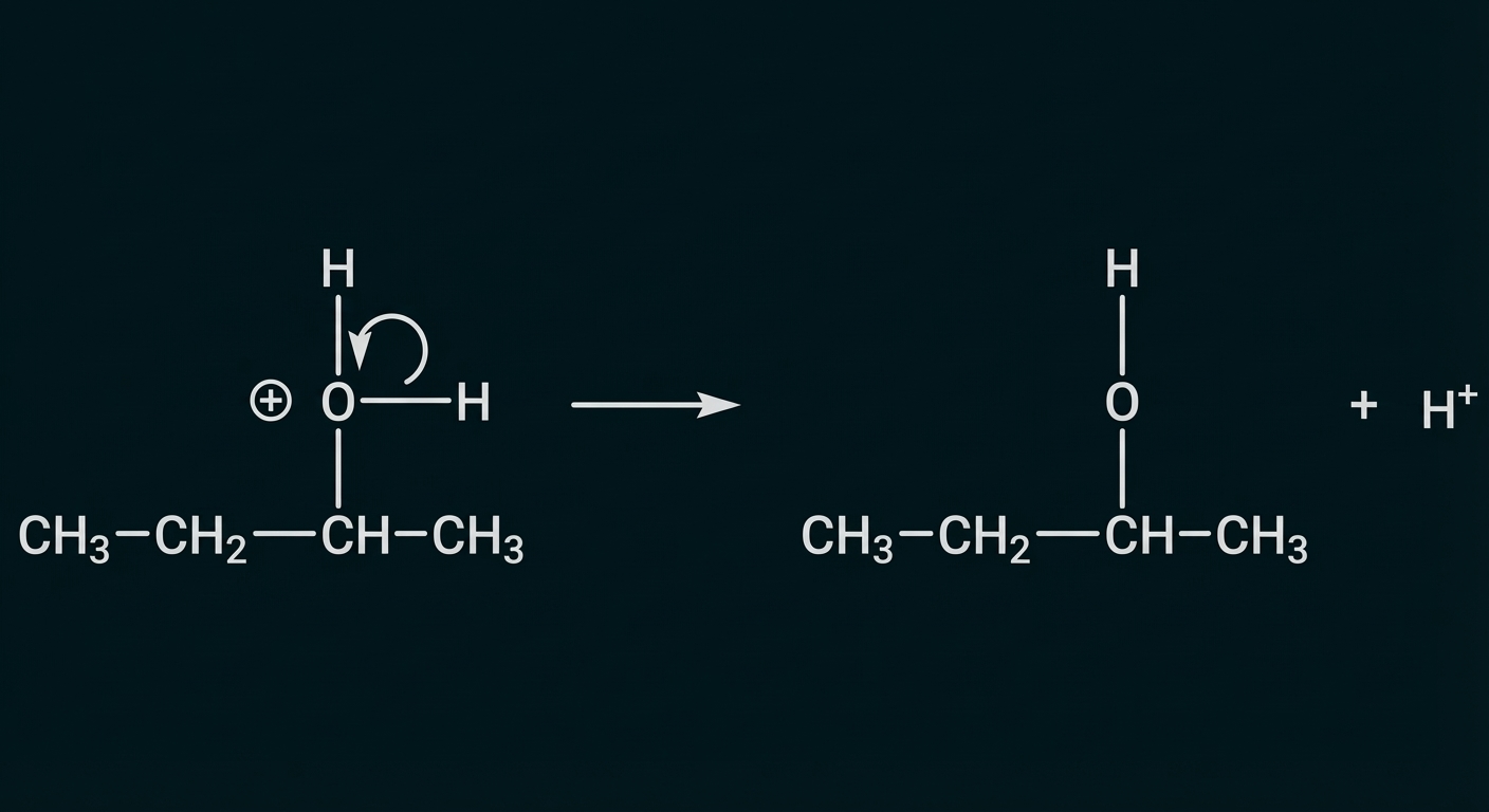 Protonierung eines sekundären Alkohols (CH3-CH2-CH(OH)-CH3) dargestellt mit Pfeilen, Reaktionspfeil und freiem H+.